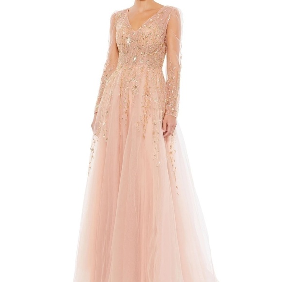 NWT Mac Duggal 20295 Embellished V Neck Long Sleeve A Line Gown Pink Size 16 - Picture 1 of 12